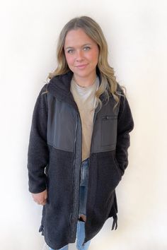 Get ready to stay warm and stylish this winter with our Chrissy Sherpa Jacket! With a longline design, plush micro fleece interior, and cinch ties at the hem, this jacket is perfect for chilly days. It also features a high neck, woven yoke panel, hand pockets, and a zippered chest pocket. Don't let the cold weather stop you, grab your go-to jacket now! Sherpa Jacket, European Summer, Kimono Jacket, Jeans Jumpsuit, Romper With Skirt, Outerwear Sweater, Romper Pants, Matching Dresses, Don't Let