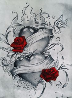 a drawing of two hearts with roses on the side and an arrow in the middle