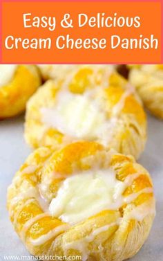 an easy and delicious cream cheese danish is shown with the title text above it in white