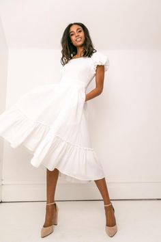 Puff Sleeve Dress Formal, Graduation Dress Modest, Modest Graduation Dress, Museum Shoot, Modest White Dress, White Dress With Sleeves, Dahlia Dress, Confirmation Dresses, Pretty White Dresses