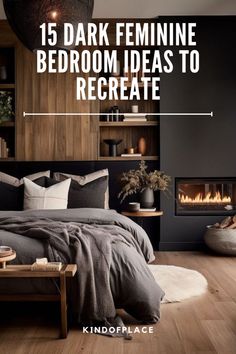 a bed room with a neatly made bed next to a fire place and bookshelf