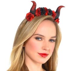 You'll get things heated up on Halloween night with the Devil Horns Headpiece! This costume accessory features a metal headband with black and red flowers and attached black and red glitter horns. Complete your devil costume with the Devil Horns Headpiece. Costume and prop not included. Devil Horns Headpiece product details:  One size fits most teens and adults Demon Costume, Devil Costume, Halloween Costume Shop, Halloween Store, Diy Balloon Decorations, Metal Headbands, Costume Themes, Adult Halloween Costumes, Halloween Costumes For Girls