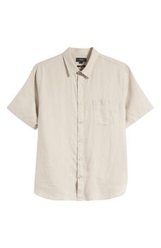 Lightweight, breathable linen brings easy-to-wear comfort to a classic-fit shirt detailed with a nifty chest patch pocket. 28 1/2" length, 44" chest (size Medium) Spread collar 100% linen Dry clean or machine wash, line dry Imported Classic Button-up Camp Shirt With Patch Pockets, Casual Linen Shirt With Patch Pockets, Casual Unstructured Beige Shirt, Classic Linen Short Sleeve Shirt With Camp Collar, Classic Collared Linen Camp Shirt, Classic Linen Shirt With Pockets, Classic Linen Collared Camp Shirt, Solid Color Relaxed Fit Linen Short Sleeve Shirt, Solid Color Linen Short Sleeve Shirt With Relaxed Fit