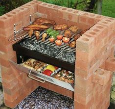 an outdoor bbq grill with various foods cooking on it