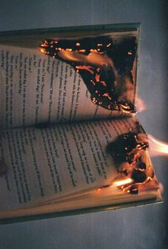 an open book with flames coming out of it and the pages are being lit up