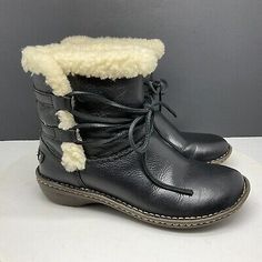 Ugg Boots Women 7 Rianne Ankle Booties Shearling Black Leather Winter 1004142  | eBay Comfortable Closed Toe Winter Boots, Casual Leather Boots With Plush Lining, Winter Booties With Reinforced Heel, Winter Moto Boots With Leather Footbed And Round Toe, Comfortable Winter Boots With Cushioned Footbed, Comfortable Winter Booties With Round Toe, Winter Outdoor Booties With Round Toe, Leather Round Toe Boots For Cold Weather, Casual Winter Booties Medium Width