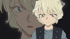 an anime character with blonde hair and green eyes looks at the camera while standing next to another character