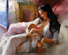 a painting of a woman holding a baby in her arms while sitting on a bed