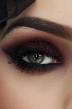 Vampire Ball Makeup, Eye Makeup For Formal Event, Dark Formal Makeup, Dark Purple Smokey Eye Makeup, Smokey Eye Makeup For Hazel Eyes, Dark Moody Wedding Makeup, Moody Eye Makeup, Moody Makeup Looks, Steampunk Makeup Ideas