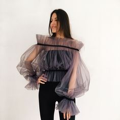 Tulle Blouse, Ruffled Crop Top, Woman In Black, Sheer Crop Top, Mesh Tops, Ruffle Crop Top, Grey Blouse, Pleated Blouse, Looks Chic