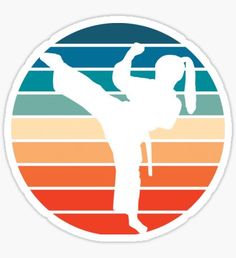 the silhouette of a person doing karate in front of an orange, blue, and green circle