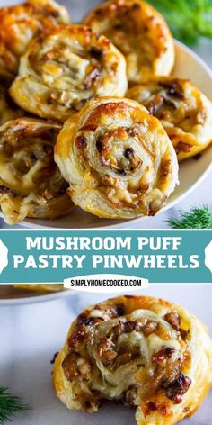 mushroom puff pastry pinwheels on a white plate