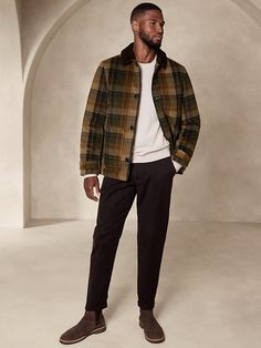 Corduroy-Collar Plaid Jacket | Banana Republic Factory Cabin Aesthetic, Swag Men, Banana Republic Factory, Plaid Jacket, Banana Republic, Coats Jackets, Long Sleeves, Plaid, Collar