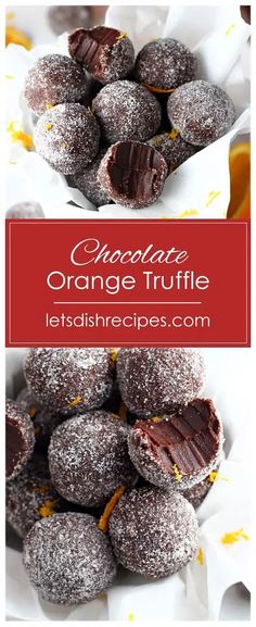 chocolate orange truffles on a white plate with the title in red above it