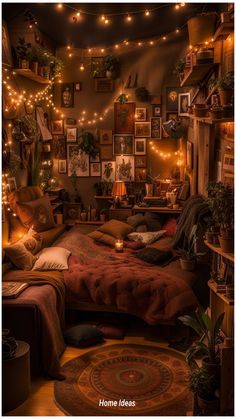 a bedroom with lights and pictures on the wall