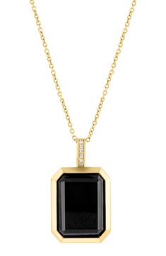 Detail your neckline with a striking necklace featuring sparkling diamonds at the loop of a onyx pendant bezel set in fine 14k-gold. 14k-gold/onyx/diamond Total diamond weight: 0.01 ct Made in the USA Diamond Guide Timeless Black Jewelry With Bezel Setting, Black 14k Gold Jewelry With Bezel Setting, Elegant Black Jewelry With Rectangular Pendant, Elegant 14k Gold Necklace With Black Enamel, Elegant Black Enamel 14k Gold Necklace, Formal Onyx Necklace With Polished Finish, Formal Black Enamel Diamond Necklace, Evening Onyx Jewelry In Yellow Gold, Evening Yellow Gold Onyx Jewelry