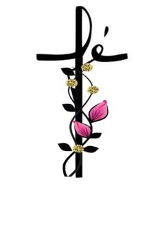 a cross with pink flowers on it and the word jesus written in gold lettering below