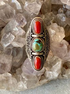 Sterling Silver Red Coral Tibetian Turquoise Long Vintage Ring Ring size 8 1/4 Red Oval Rings With Natural Stones, Bohemian Red Open Ring Jewelry, Bohemian Red Gemstone Rings, Southwestern Style Red Ring Jewelry, Unique Red Multi-stone Turquoise Ring, Southwestern Multi-stone Red Ring, Red Southwestern Multi-stone Rings, Southwestern Red Multi-stone Ring, Bohemian Multicolor Oval Turquoise Ring