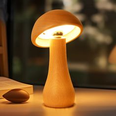 a wooden lamp sitting on top of a table next to an open book and mouse