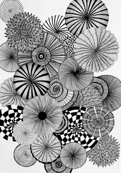 black and white drawing of abstract flowers