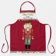 a red apron with a nutcracker on it