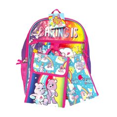 This Backpack Includes An Insulated Lunch Bag That Attaches To The Backpack For An Easy Carry, A Zippered Accessory Pouch, And A Carabiner With Share Bear Keychain Charm. The Backpack Has A Spacious Main Compartment With Zipper Closure And Zippered Front Pocket For Additional Storage. It Has Adjustable Padded Shoulder Straps, Padded Back Panel For A Comfortable Carry, A Mesh Side Pocket For Water Bottle And Umbrella, And Top Handle. Measurements: Backpack: 16”H X 12”L X 4.5”W Lunch Bag: 9”H X 7” Multicolor Kawaii Backpack For Everyday Use, Kawaii Multicolor Backpack For Everyday Use, Purple Pouch Pencil Case For School, Kawaii Multicolor Bags For Back To School, Multicolor Pencil Case For Travel And Back To School, Playful Purple School Bag, Multicolor Bags For Playtime And Back To School, Multicolor Bags For Daycare And Back To School, Purple Pouch Bag For School