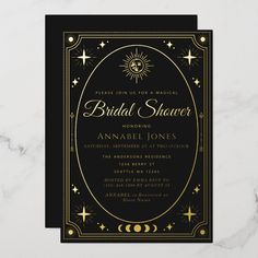 a black and gold bridal shower party card