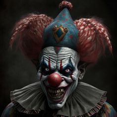 an evil clown with red hair and blue eyes