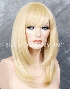 "~We mainly sale our wigs to cancer and alopecia patients. Therefore, we do not accept any returns on wigs. Please choose wisely and ask all questions before making your purchase/purchases. All sales on wigs are final. Thank you in advance for your consideration.~ WIG SPECIFICS Material: Human Hair Blend Type: Classic Weft cap Length: 20\" Long Stretched Length of Bangs: 4\" Type of Cap: Center part Heat Safe: Yes Adjustable: Yes Size: Average (fits head size 21.5-22.5\" in circumference) BENEFI Bangs Center Part, Bangs Face Framing, Straight Long Hair, Types Of Caps, Bleached Blonde, Blend Wig, Full Bangs, Center Part, Bleach Blonde