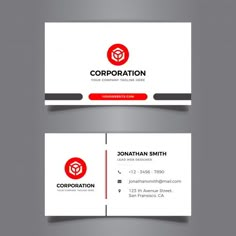 a business card with a red and black logo