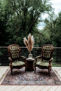 two chairs sitting on top of a rug next to a table with a plant in it