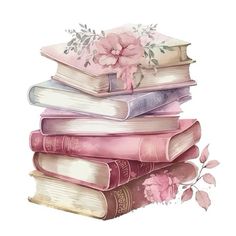 a stack of books with pink flowers and leaves on top of each book is shown in this watercolor painting