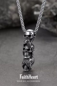 Putting a dark twist on a classic phrase, the Speak No Evil, Hear No Evil, See No Evil skulls necklace is one badass neck piece. Skull pendant necklace for men always serves as our all-time favorite delivering you with more charms. Masculine, and simple yet impressive, the mens skull necklace is the ideal necklace gift for boys, men, and sweethearts. Hear No Evil, Speak No Evil, Skull Pendant Necklace, See No Evil, No Evil, Body Jewelry Piercing, Gift For Boys, Skull Jewelry, Skull Necklace