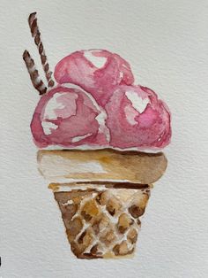 a watercolor painting of ice cream on top of a cone with two scoops