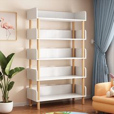 a living room with a white book shelf next to a chair and potted plant