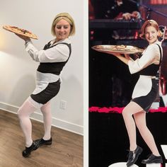 a woman holding a pizza on top of a pan while standing next to a poster