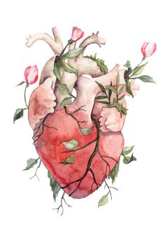 Yuumei Art, Heart Drawing, Watercolor Heart, Flowers Fabric, Human Heart, Fabric Panel, Anatomy Art, Sketchbook Art Inspiration, Heart Art