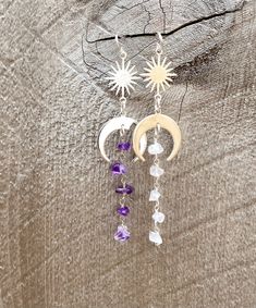 🌙Gorgeous dainty crystal dangle earrings with a little boho witchy twist of moon and/or sun charm. All natural raw chip crystals in unique shape in beautiful colors that will compliment any outfits and turn heads. ☀️Simple, Dainty, Delicate, Elegant and Romantic. The picture does not do its justice the piece is so much prettier in person. Perfect for birthday, Christmas, mother's day, bridesmaid gifts, anniversary, and any holidays. Silver plated Gold plated Sterling Silver 14k Gold filled Draw Dangle Crystal Earrings With Moon Charm For Gifts, Sterling Silver Spiritual Earrings With Moon Charm, Spiritual Sterling Silver Earrings With Moon Charm, Spiritual Crystal Drop Earrings With Gemstone, Spiritual Gemstone Drop Crystal Earrings, Spiritual Gemstone Crystal Drop Earrings, Adjustable Dangle Birthstone Earrings, Sterling Silver Birthstone Crystal Drop Earrings, Celestial Gemstone Drop Earrings