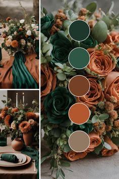 an orange and green wedding color scheme with greenery, flowers, candles and plates