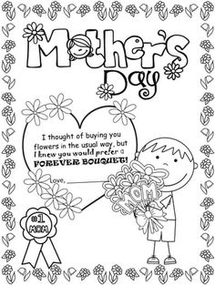 a mother's day card with flowers and a boy holding a bouquet in the shape of a heart