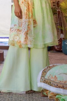 Green anarkali featuring floral mix printed motifs, pleated bodice and threadwork. Comes with matching palazzo and dupatta. - Aza Fashions Green Anarkali, Palazzo Set, Pleated Bodice, Green Sequins, Mixing Prints, Set For Women, Anarkali, Aza Fashion, Silk Printing