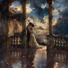 a painting of a bride and groom kissing on a balcony overlooking the ocean at sunset