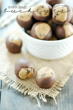 chocolate chip cookie dough bites in a white bowl