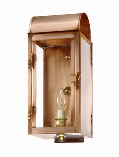 an outdoor wall light with a glass door and brass finish on the outside of it