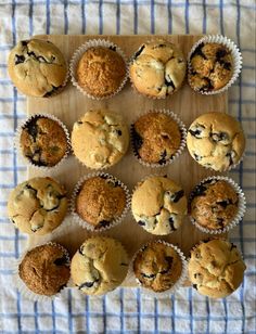 blueberry muffins are arranged on a cutting board