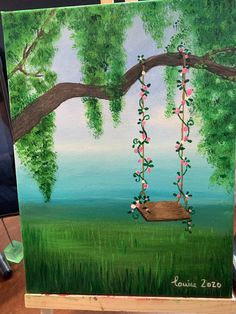 a painting of a tree swing with flowers on it