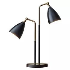 two black lamps with one light on each side and the other is turned on to show off