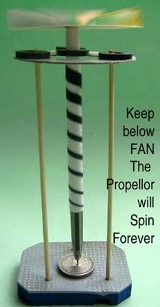 a small metal object on a stand with words above it that read, keep below fan the propellor will spin forever