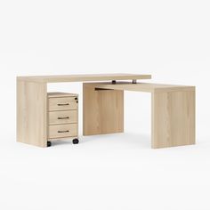 an l - shaped desk with two drawers and a file cabinet on the left side