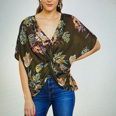 Olive Color, Umgee New With Tags, Floral Print, Twisted Reversible To Front Or Back, Polyester, Hang To Dry Versatile Floral Print V-neck Tops, Versatile V-neck Tops With Floral Print, Versatile V-neck Top With Floral Print, Versatile Floral Print Tops For Day Out, Versatile Multicolor Tops For Spring, Versatile Green Tops For Beach, Green Fall Vacation Tops, Reversible Top, Boho Tunic Tops